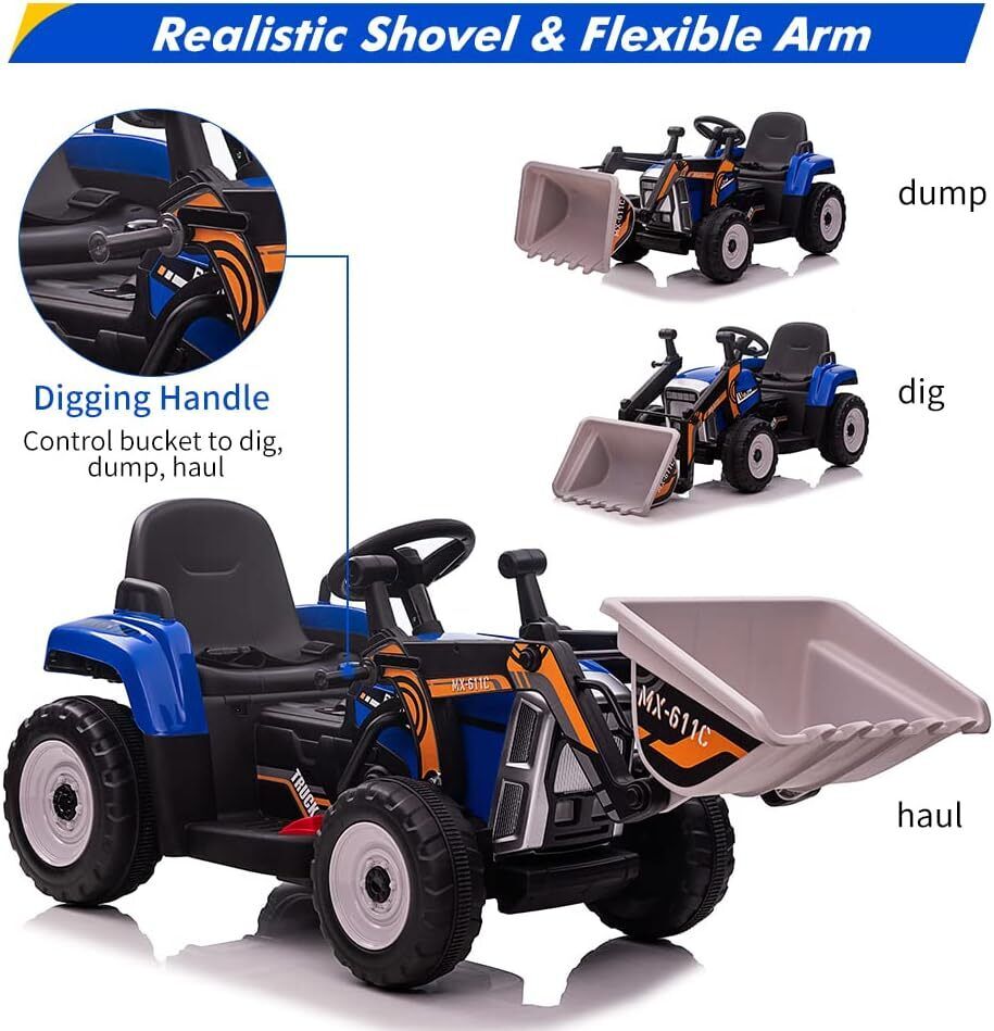Electric Kids Ride-On Excavator Toy with Remote Control and Lights - Blue